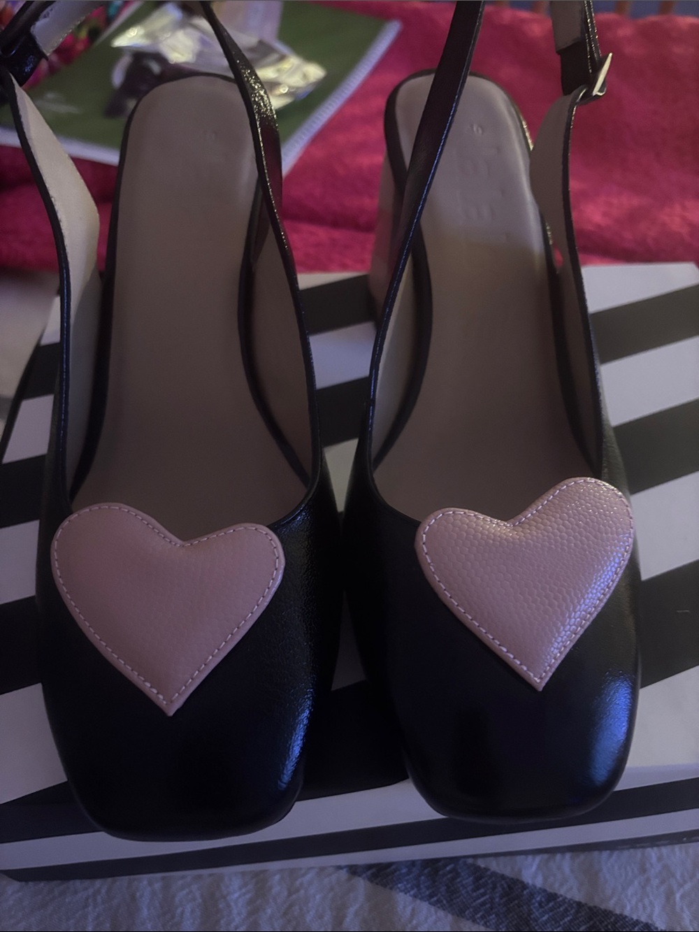 Black Slingback Heels with Pink Heart Accent
